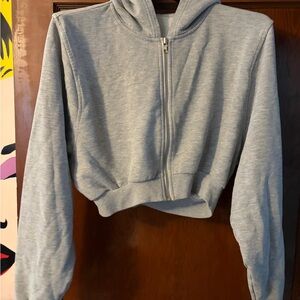 ALO Yoga Light Gray/Blue Cropped Hoodie